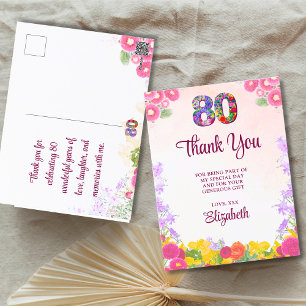 Floral 80e anniversaire carte de remerciements 80 