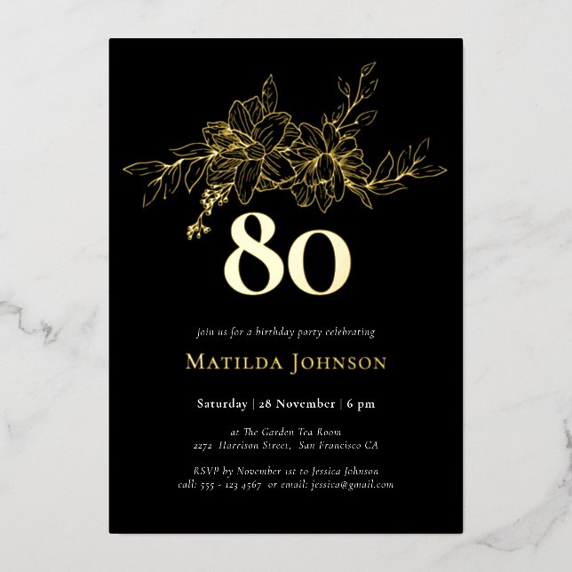 Floral 80e anniversaire Gold Foil Invitation (Recto)