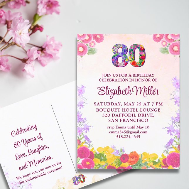 Floral 80e anniversaire invitation 80 ans élégant (Créateur téléchargé)