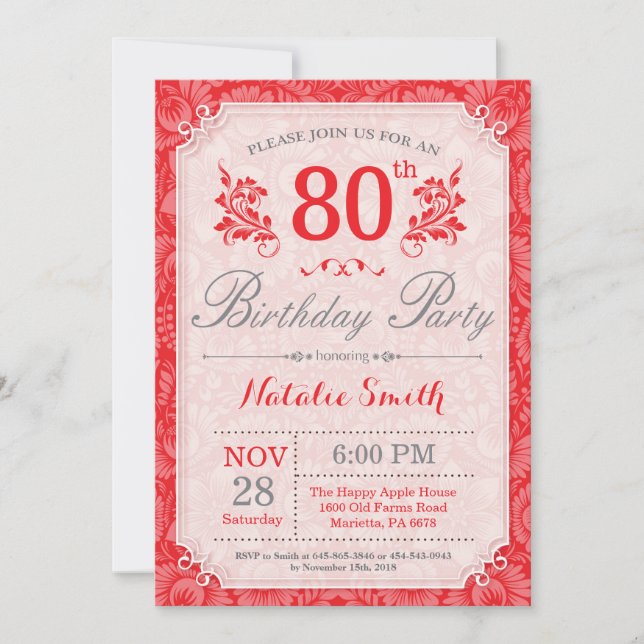 Floral 80e anniversaire Invitation Rouge pour les  (Devant)