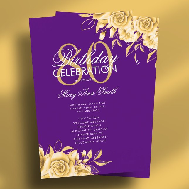 Floral 80e Anniversaire Programme Gold & Purple av (Floral 80th Birthday Program Gold & Purple w/ Menu)