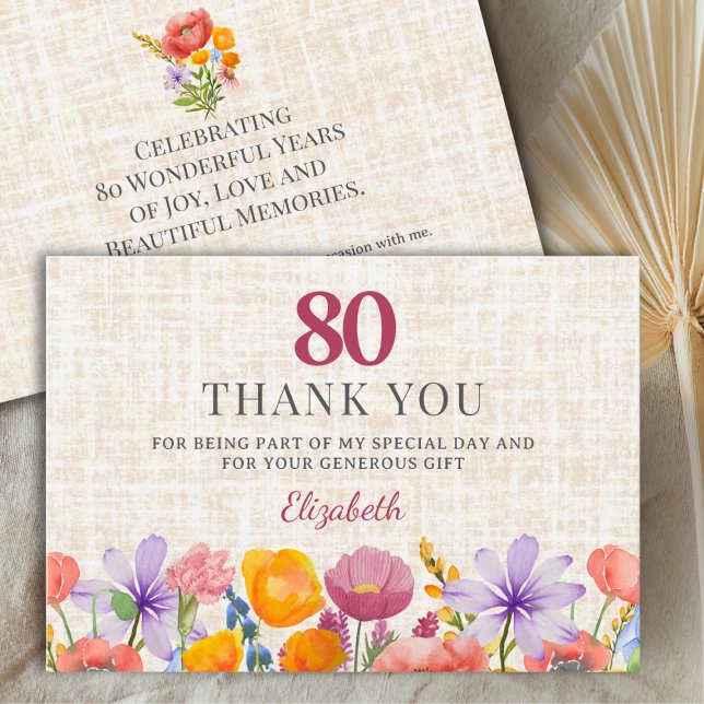 Floral 80th Birthday - Elegant Garden Party Dankeskarte (Von Creator hochgeladen)