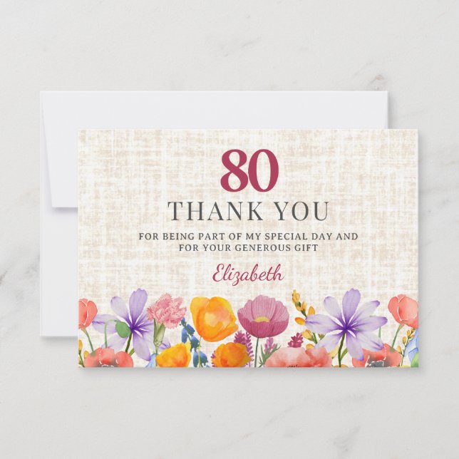 Floral 80th Birthday - Elegant Garden Party Dankeskarte (Vorderseite)
