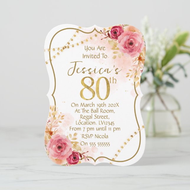 Floral 80th Birthday Invitation Einladung (Stehend Vorderseite)