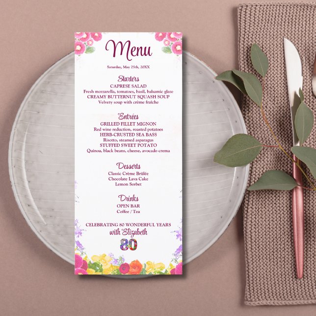 Floral 80th Birthday Menu Card élégant 80 ans (Créateur téléchargé)