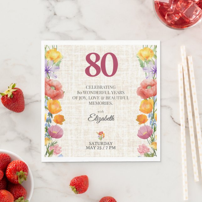 Floral 80th Birthday Party - Chic Linen Garden Serviette (Beispiel)