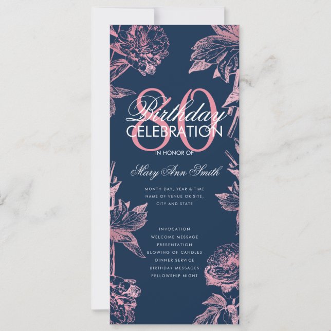 Floral 80th Birthday Programme Rose Gold Navy Menu (Devant)