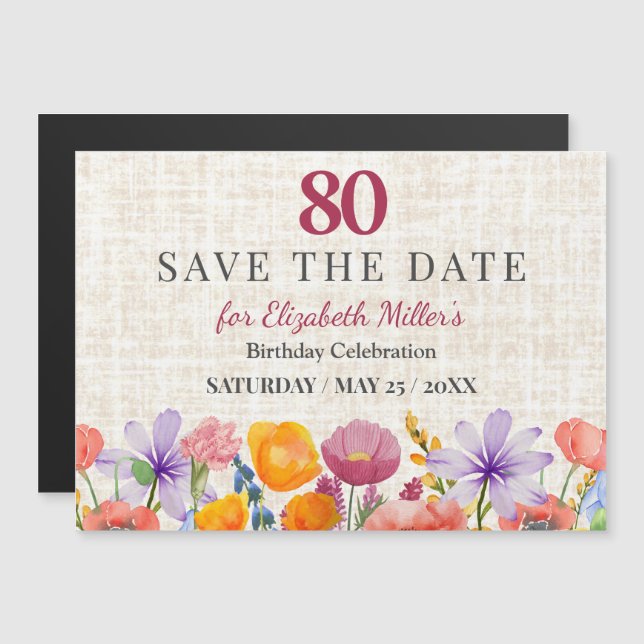 Floral 80th Birthday Save the Date - Garden Party Magneteinladung (Vorne/Hinten)