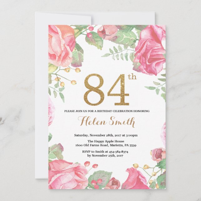 Floral 84e anniversaire Invitation Parties scintil (Devant)