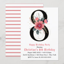 Floral 8e typographie Invitations d'anniversaire
