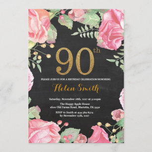 Floral 90. Geburtstag Einladung Gold Glitzer
