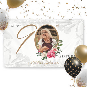 Floral 90. Geburtstag Elegantes Weißes Gold Custo Banner