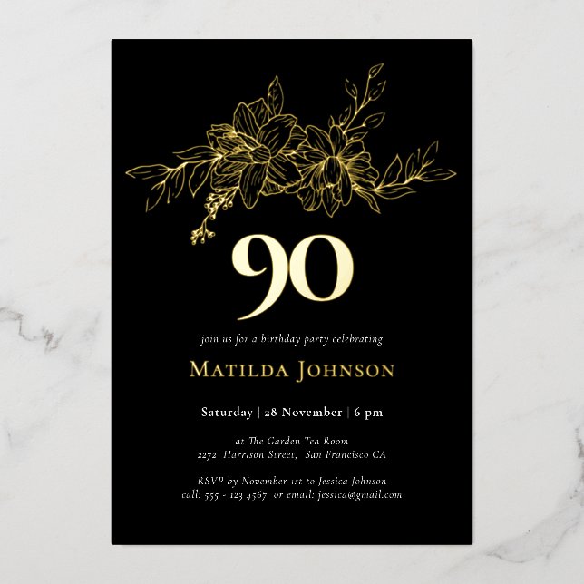 Floral 90e anniversaire Gold Foil Invitation (Recto)