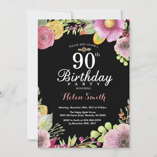 Floral 90e anniversaire Invitation pour les femmes (Devant)