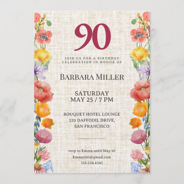 Floral 90th Birthday Party - Elegant Garden Einladung (Vorderseite)