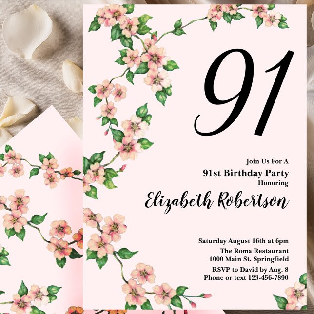 Floral 91st Birthday Invitation in Blush Pink (Créateur téléchargé)
