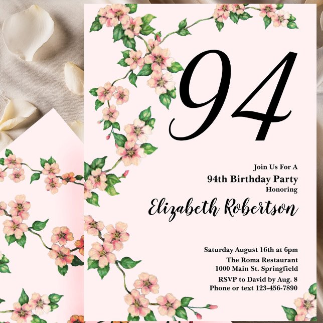Floral 94th Birthday Invitation in Blush Pink (Créateur téléchargé)