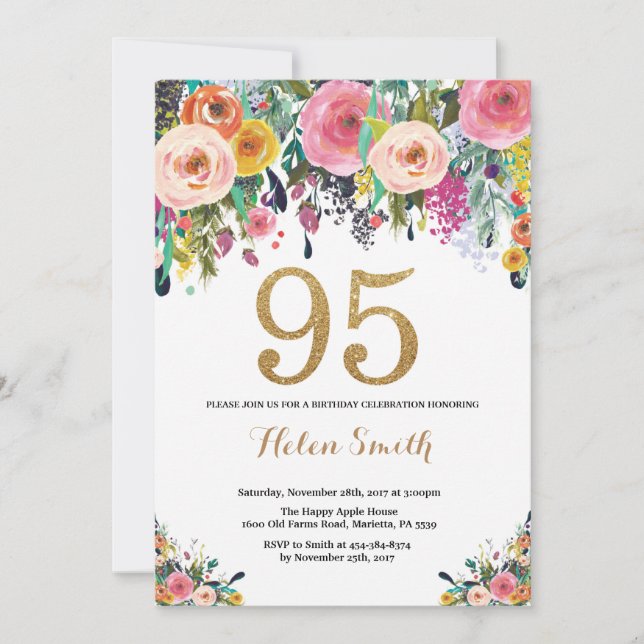 Floral 95e anniversaire Invitation Parties scintil (Devant)