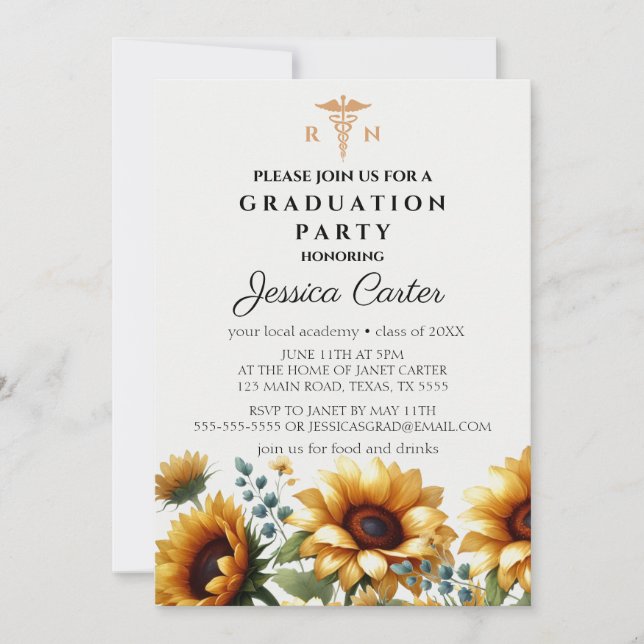 Floral Abschluss Nurse Sunflowers Typografie Einladung (Vorderseite)