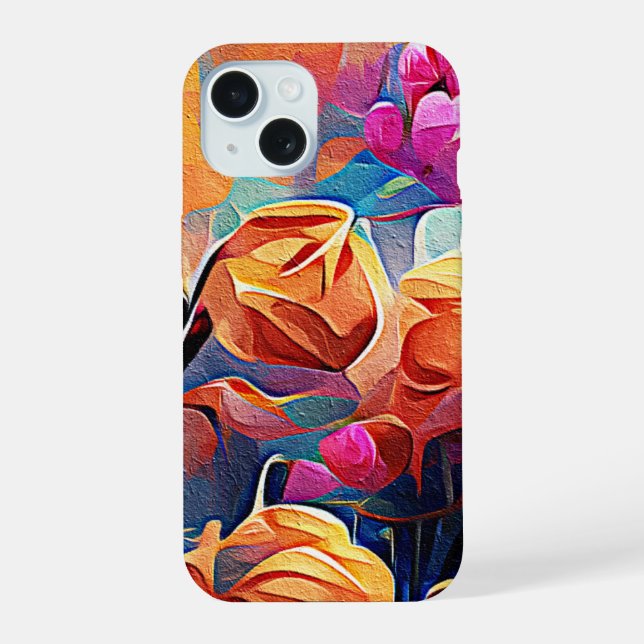 Floral Abstract Art Orange Red Blue Flowers (Verso)