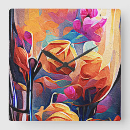 Floral Abstract Art Orange Red Blue Flowers Quadratische Wanduhr