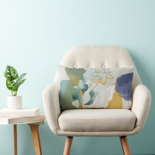 Floral Abstrait en bleu, Sage Gold Lumbar Coussin