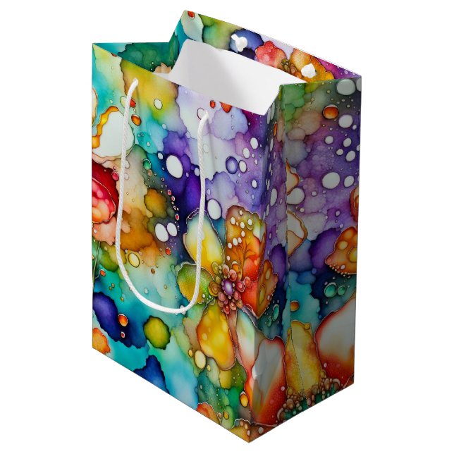 Floral Abstrakte Alkoholtinte Mittlere Geschenktüte (Vorderseite Schrägansicht)