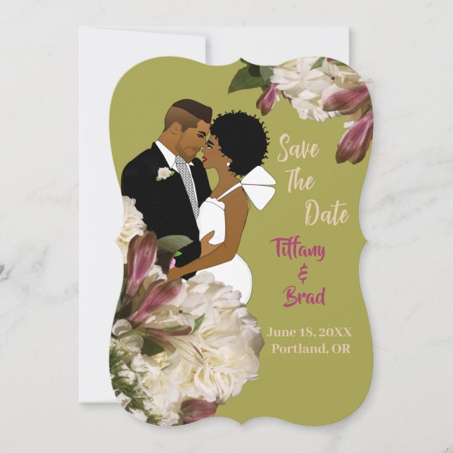 Floral African American Gold Wedding Rett-the-date (Vorderseite)