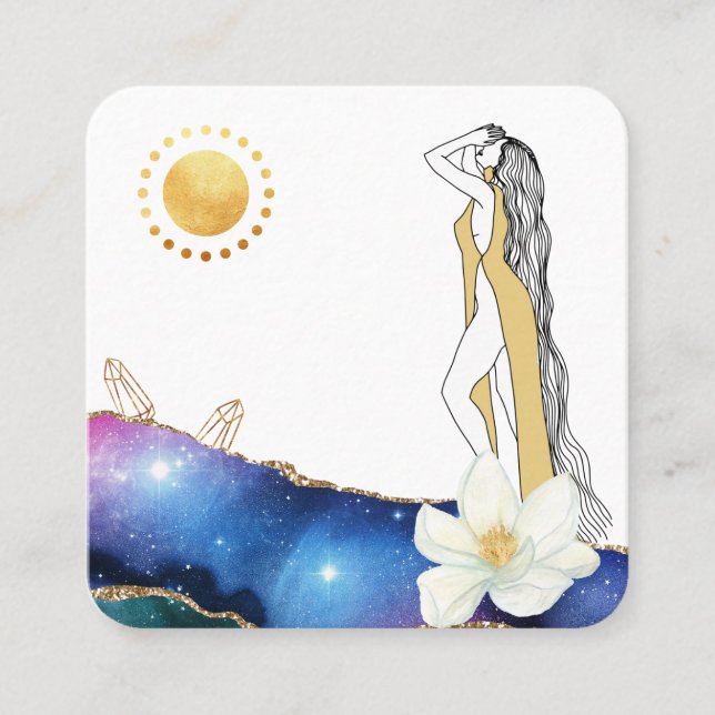 *~* Floral Agate Crystals Cosmic Gold Goddess Squ Quadratische Visitenkarte (Vorderseite)