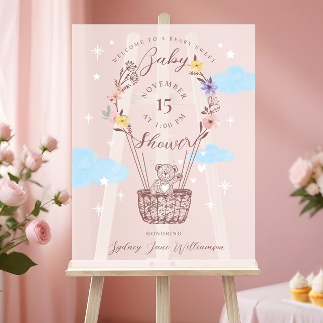 Floral Air Ballon Teddy Bear Pink Babydusche Acrylschild (Floral Air Balloon Teddy Bear Pink Baby Shower Acrylic Sign)