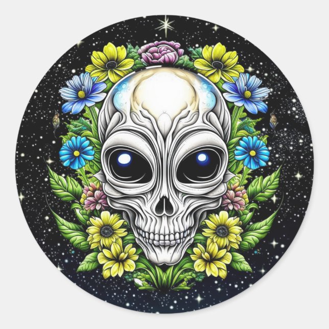 Floral Alien Skull Extraterrestriale Kunst Runder Aufkleber (Vorderseite)
