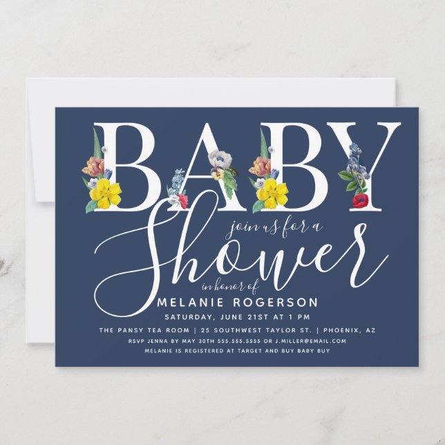 Floral Alphabet Letter Baby Dusche Einladung (Vorderseite)