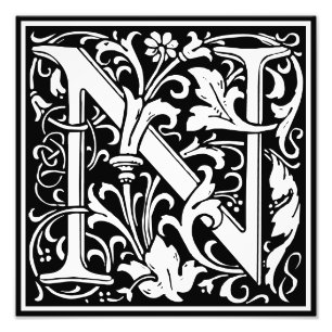Floral Alphabet Monogram Letter N Foto Print