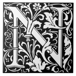 Floral Alphabet Monogram Letter N Tile Fliese