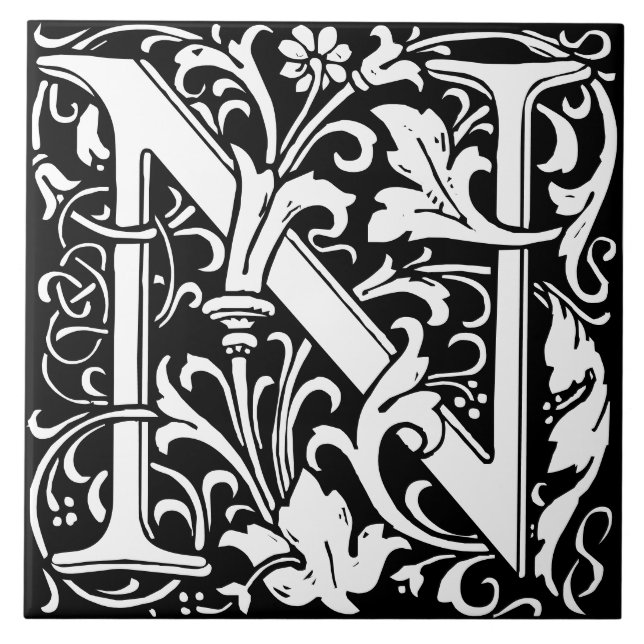 Floral Alphabet Monogram Letter N Tile Fliese (Vorderseite)