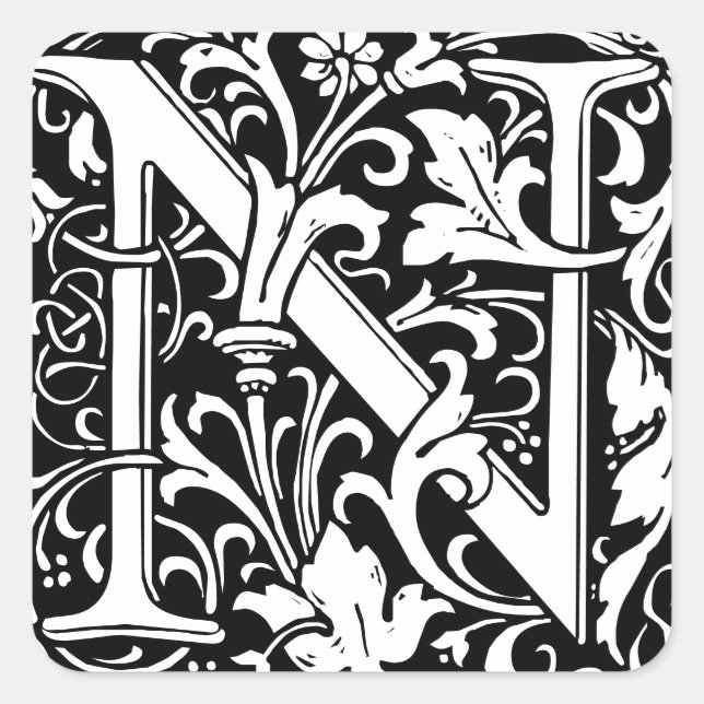 Floral Alphabet Monogram Letter N Tile Morris Quadratischer Aufkleber (Vorderseite)