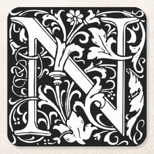 Floral Alphabet Monogram Letter N Tile Morris Rechteckiger Pappuntersetzer