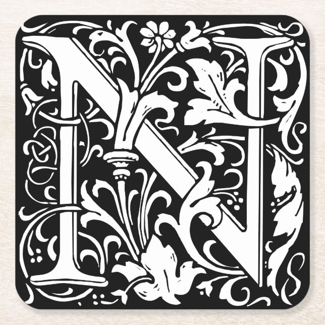 Floral Alphabet Monogram Letter N Tile Morris Rechteckiger Pappuntersetzer (Vorderseite)
