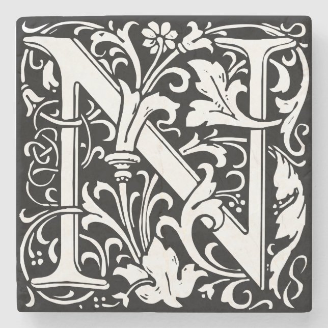 Floral Alphabet Monogram Letter N Tile Morris Steinuntersetzer (Vorderseite)