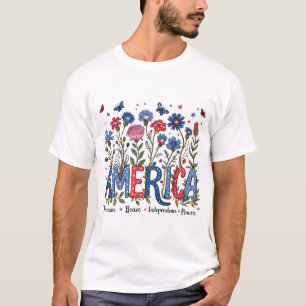 Floral America 4. Juli Patriotische Typografie T-Shirt
