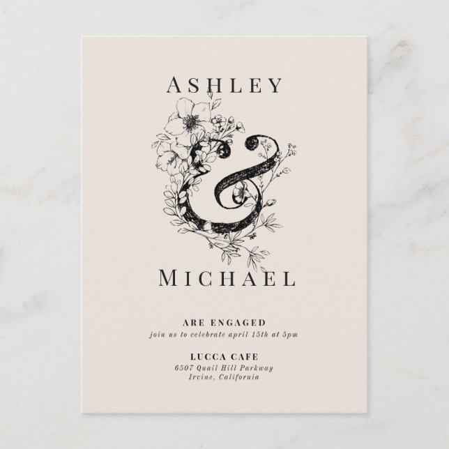 FLORAL AMPERSAND Blush Wedding Party Ankündigungspostkarte (Vorderseite)