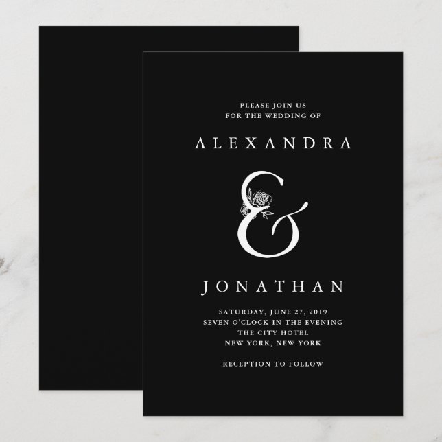 Floral Ampersand | Dramatische Schwarze Hochzeit Einladung (Vorne/Hinten)