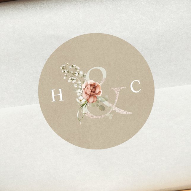 Floral Ampersand Elegant Wedding Monogram Kraft Runder Aufkleber (Von Creator hochgeladen)