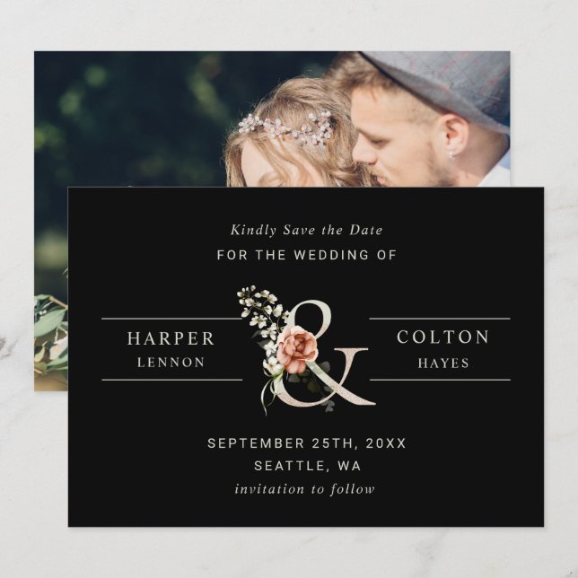 Floral Ampersand Elegantes Hochzeitschwarzes Foto Save The Date (Vorne/Hinten)
