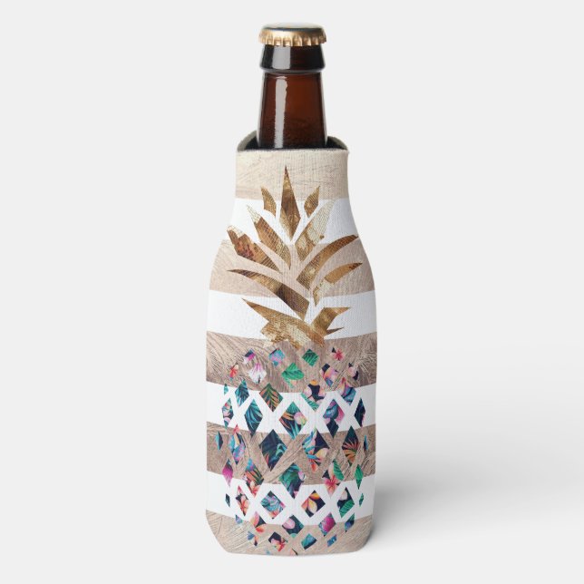 Floral Ananas, goldgestreiftes Design Flaschenkühler (Flaschenvorderseite)