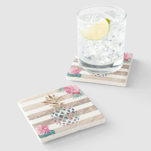 Floral Ananas, goldgestreiftes Design Steinuntersetzer