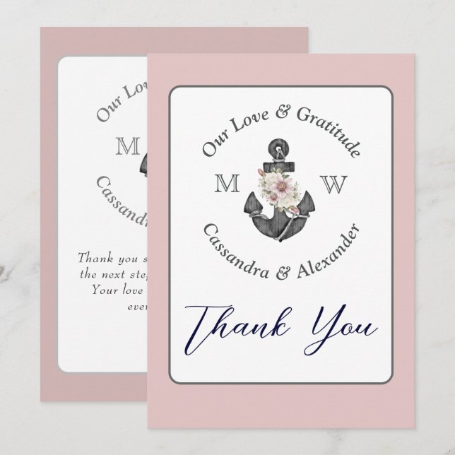 Floral Anchor Nautical Wedding Dusty Rose Dankeskarte (Vorne/Hinten)