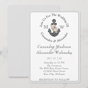 Floral Anchor Nautical Wedding Silver Gray Stripe Einladung
