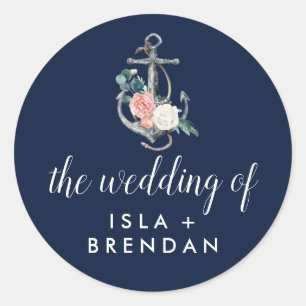 Floral Anchor Navy Sommer die Hochzeit von Runder Aufkleber