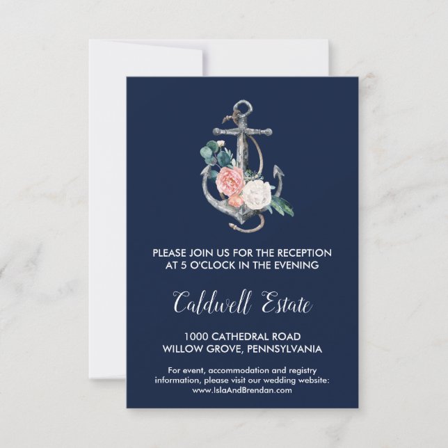 Floral Anchor Navy Sommer Hochzeitskarte Einladung (Vorderseite)